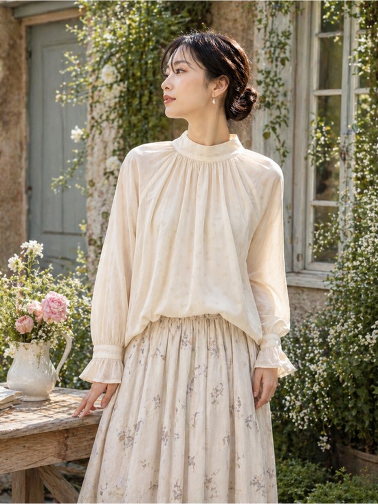 Magali Tops - Magali Cotton Polka Dot Blouse High Neck Ruffle Sleeve Cream Japan